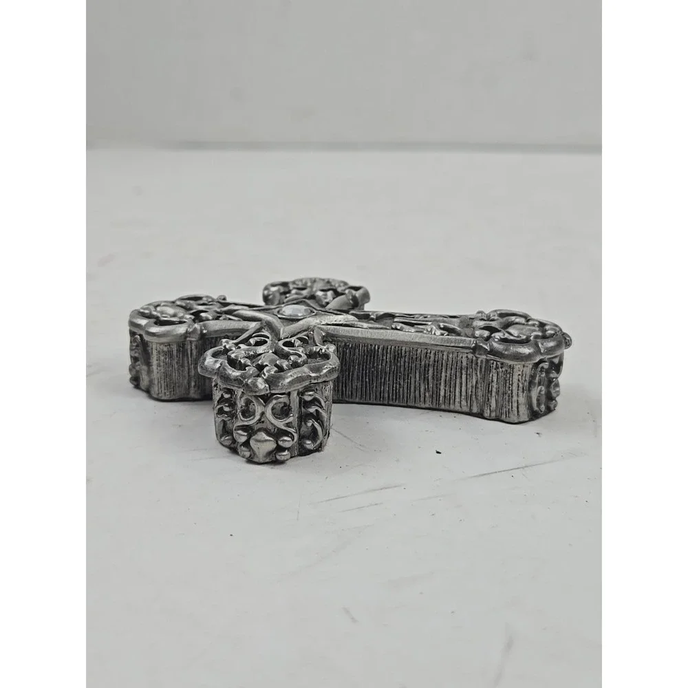 VTG  Pewter Color Ganz Cross Trinket Jewelry Prayer Box Black Enamel Lined MINT